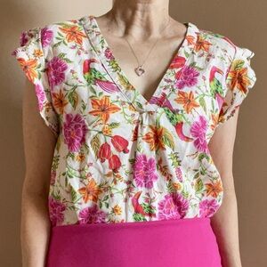 Tropical Floral Top, Flutter Sleeves, Linen Rayon blend